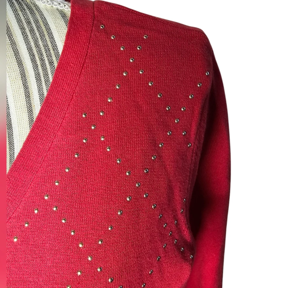 Tommy Hilfiger Women Red V-Neck Sweater with Studded Design Size M